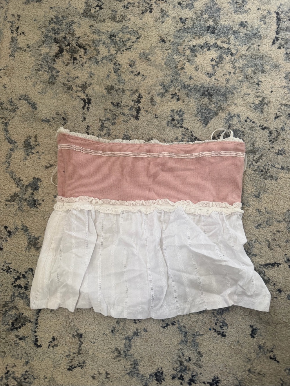 Edikted Pink and White Strapless Ruffle Tank Top